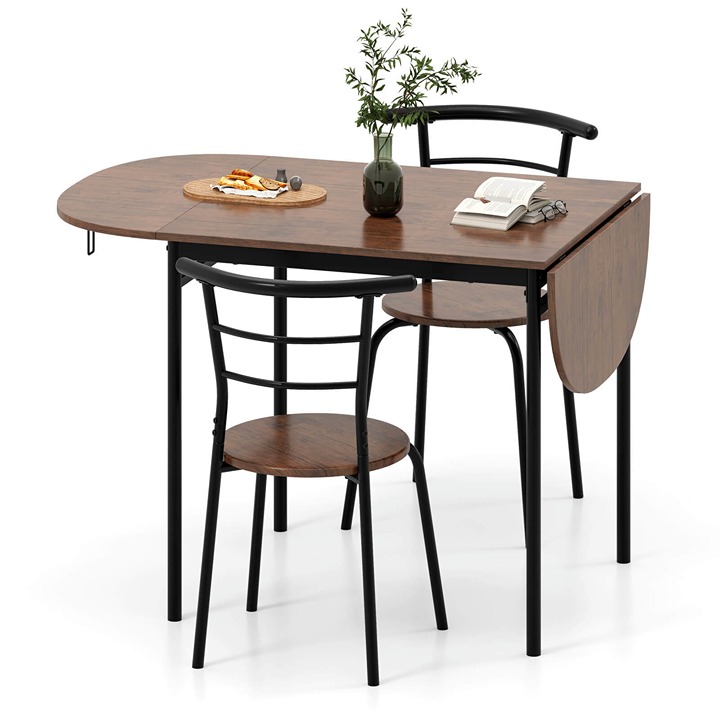 3 Pcs Foldable Dining Table Set w/ 2 Chairs Industrial Oval Corner Dining Set