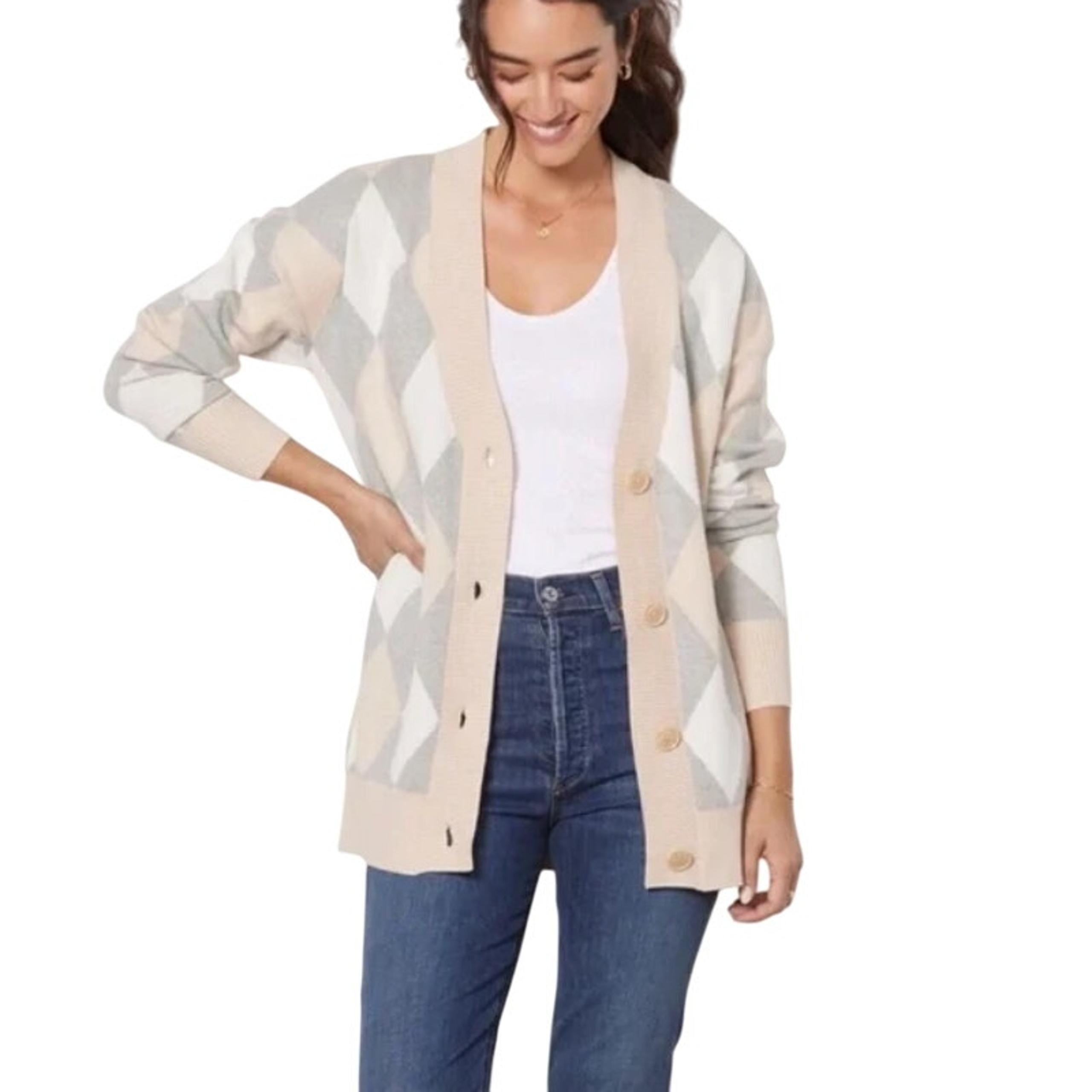 Evereve Pippa Argyle Gray Cream Gray Button Front Cardigan Sweater M