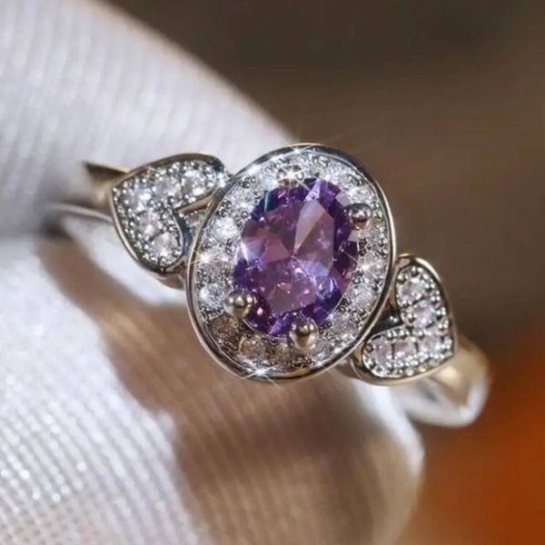 Sterling Silver Amethyst Ring Heart Shaped Cubic Zirconia Size 8.5