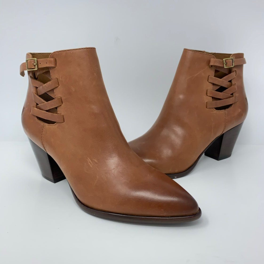 Frye Reed Strappy Booties Cognac Heels