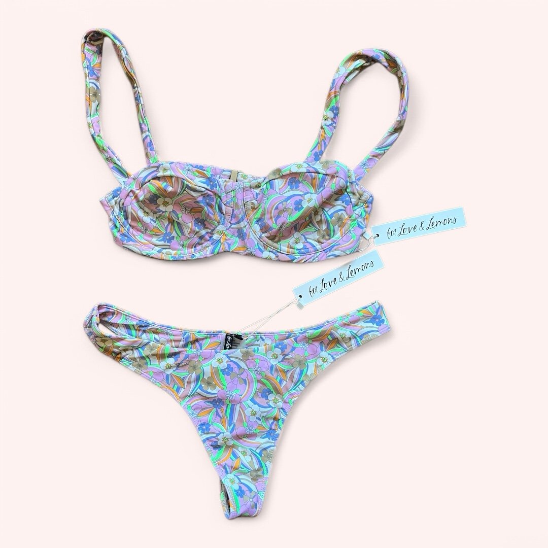 NWT For Love & Lemons Vibrant Neon Floral Underwire Bikini Cheeky Set Size M