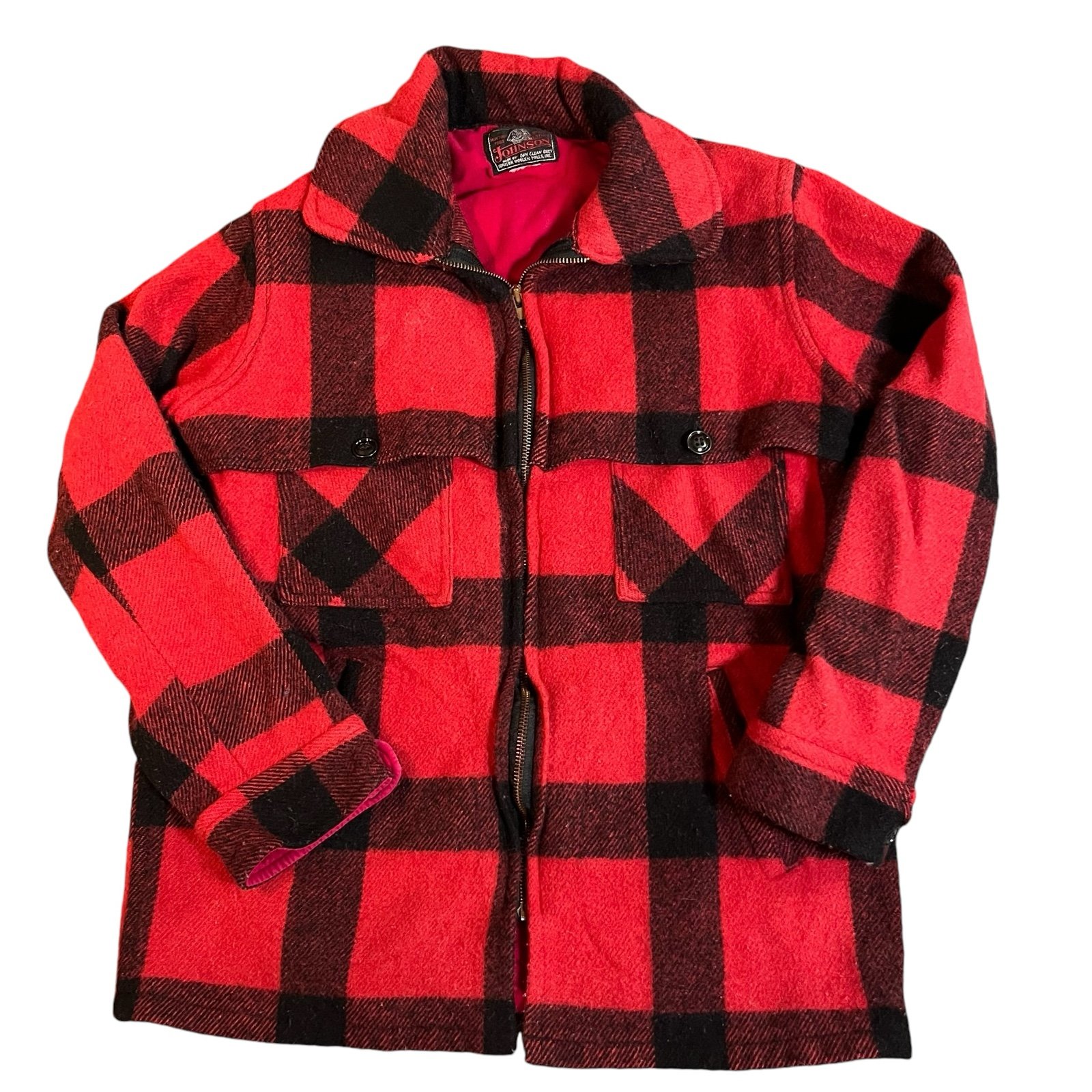 VTG Johnson Woolen Mills Mens 36/38 Small Wool Jacket Hunting Red Plaid Mackinaw