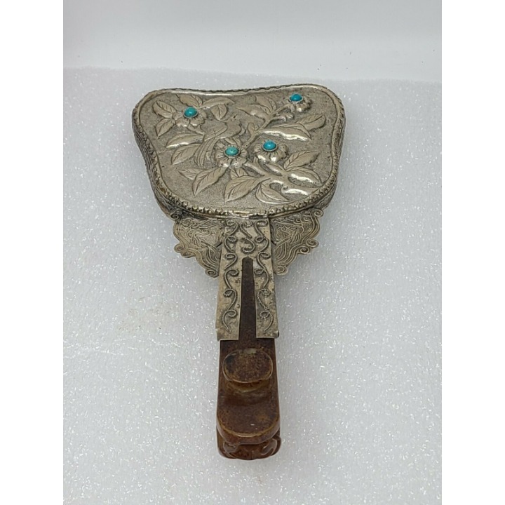 Antique Chinese Carved Jade Silver Hand Mirror Belt Hook w/ Turquoise Flowers
