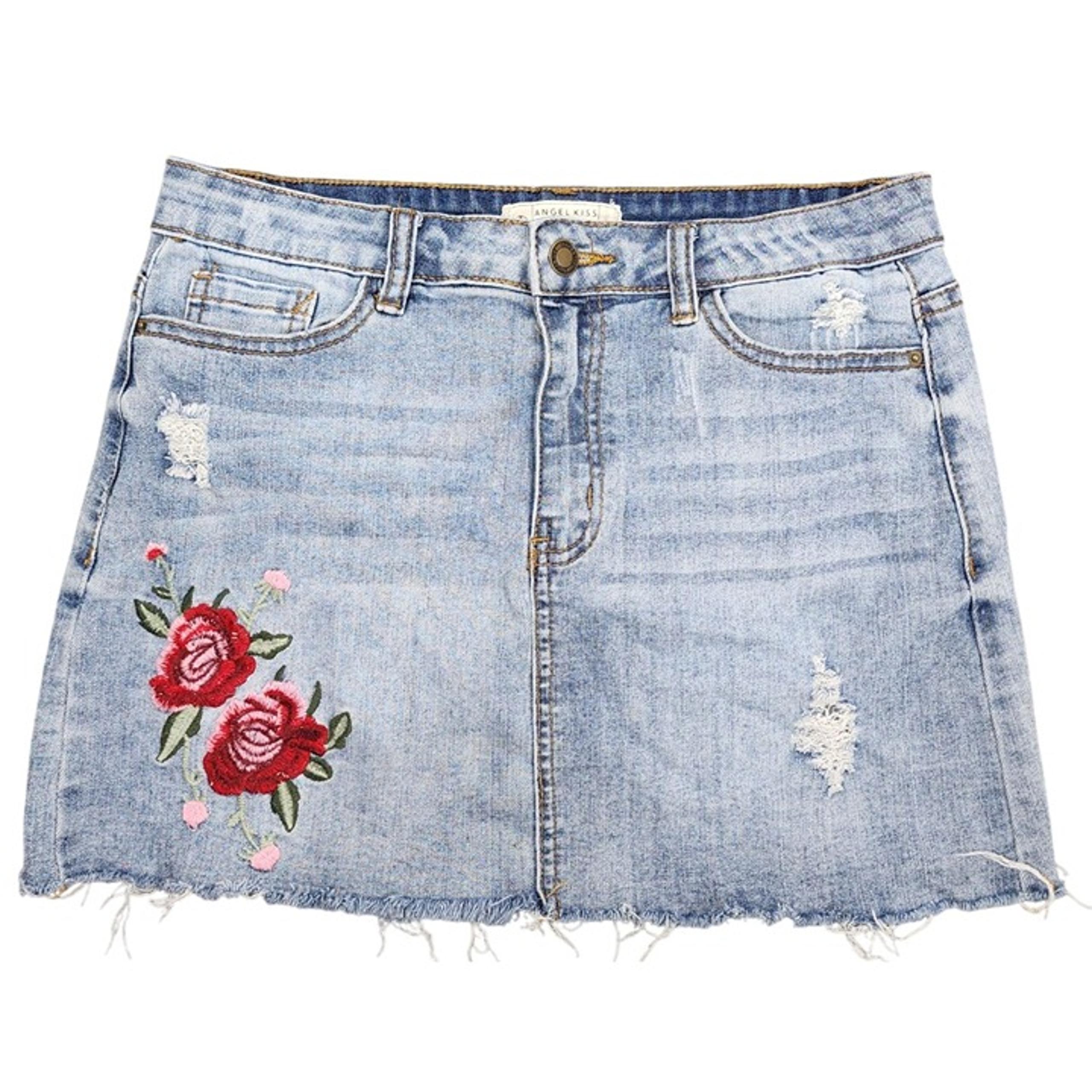 Women's Angel Kiss Denim Rose Embroidered Stretch Blue Jean Skirt Large Raw Hem