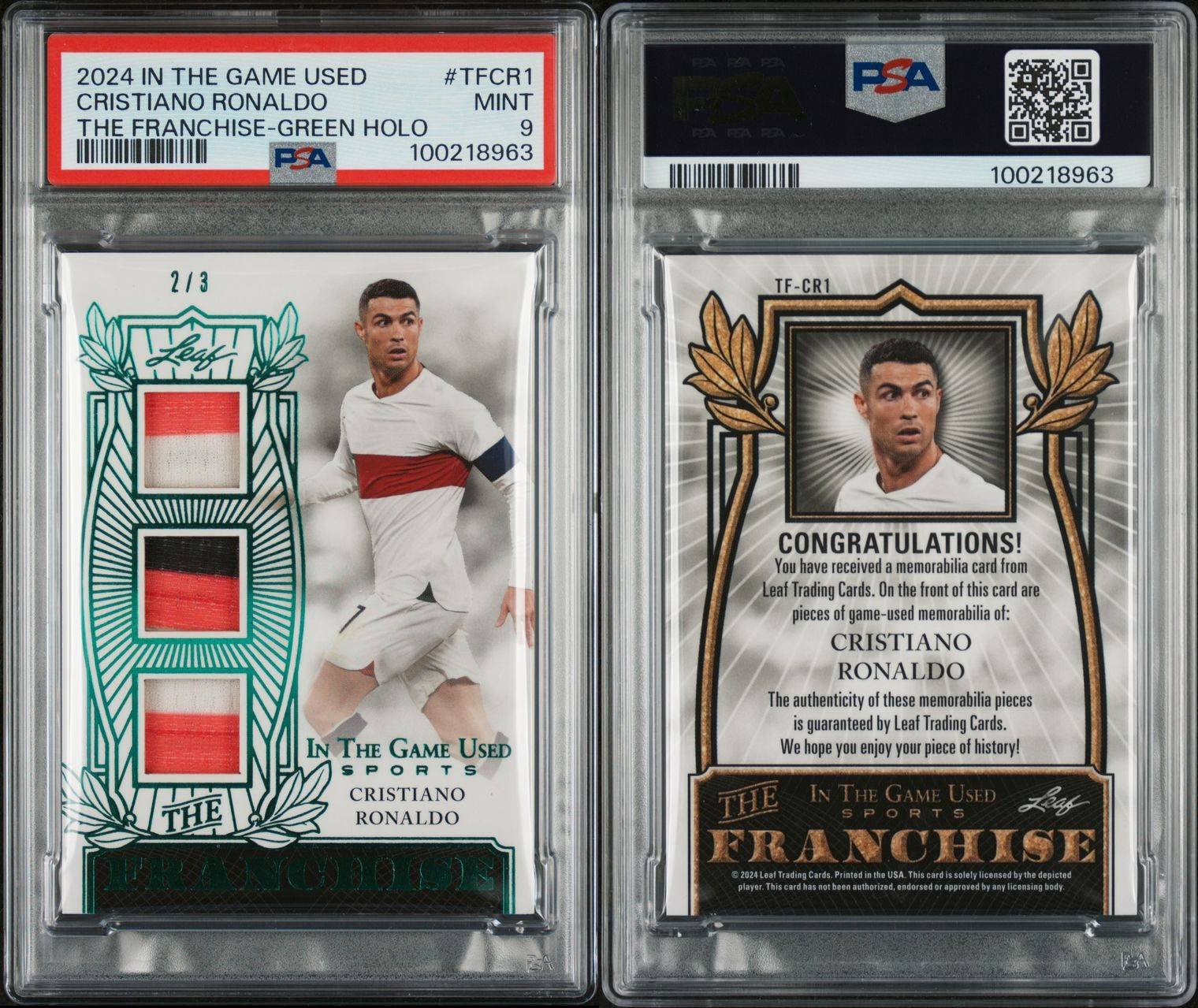 Cristiano Ronaldo Game Used The Franchise Triple Patch 2/3 PSA 9 Green Holo SSP