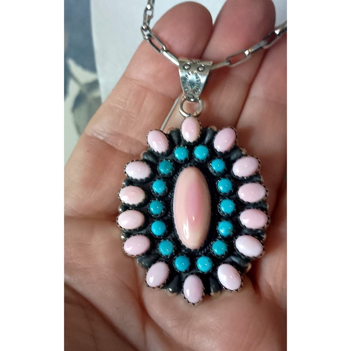 Huge Southwest Sterling Silver Pink Conch Turquoise Pendant Necklace Handmade