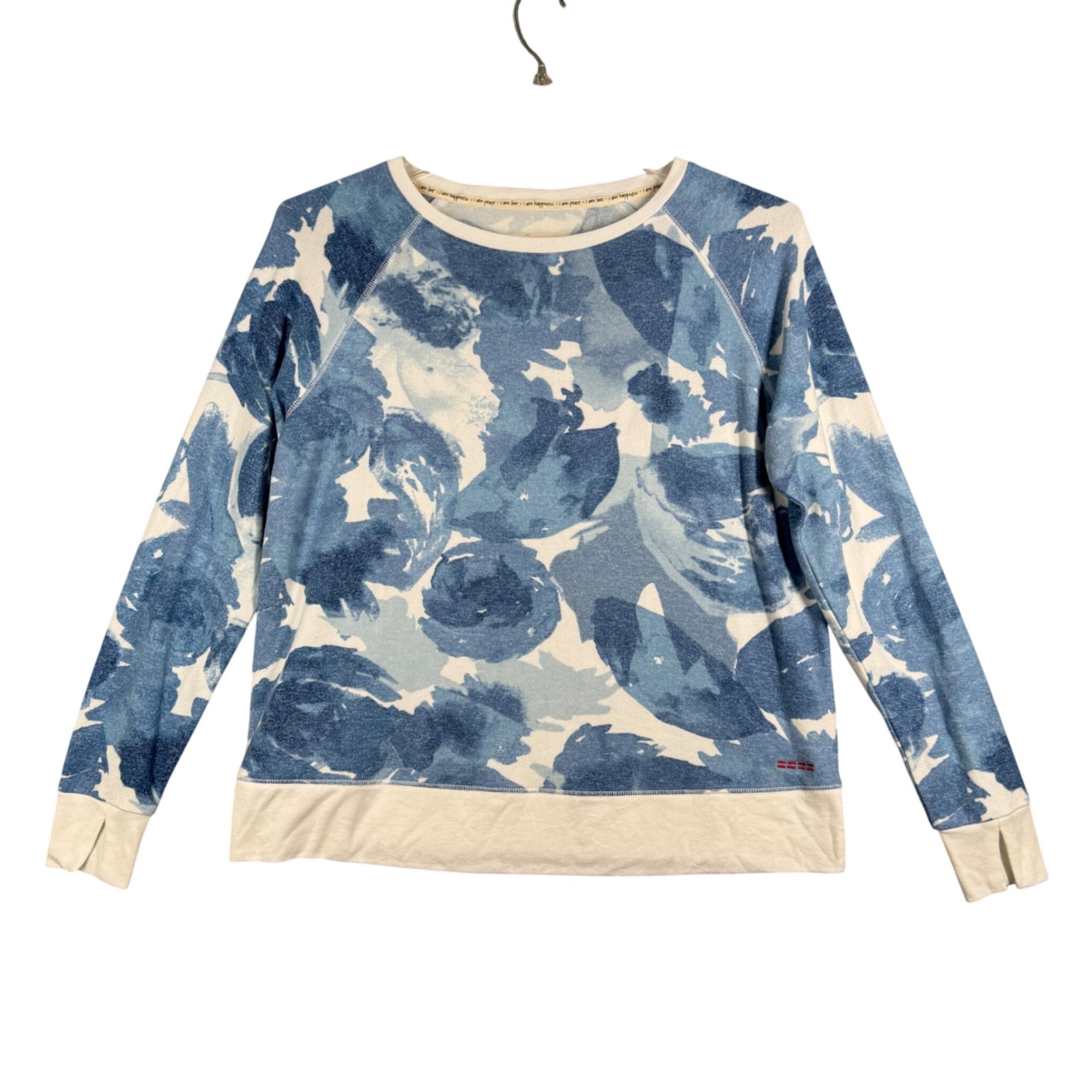 Peace Love World Sweatshirt Blue White Floral Print Pullover Top Comfy Casual S