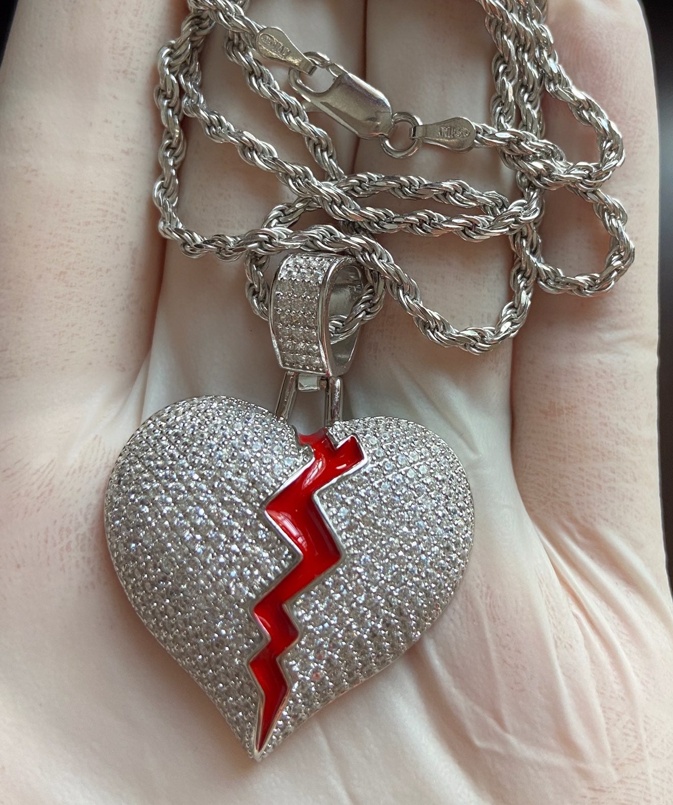 14k white gold broken heart rope chain