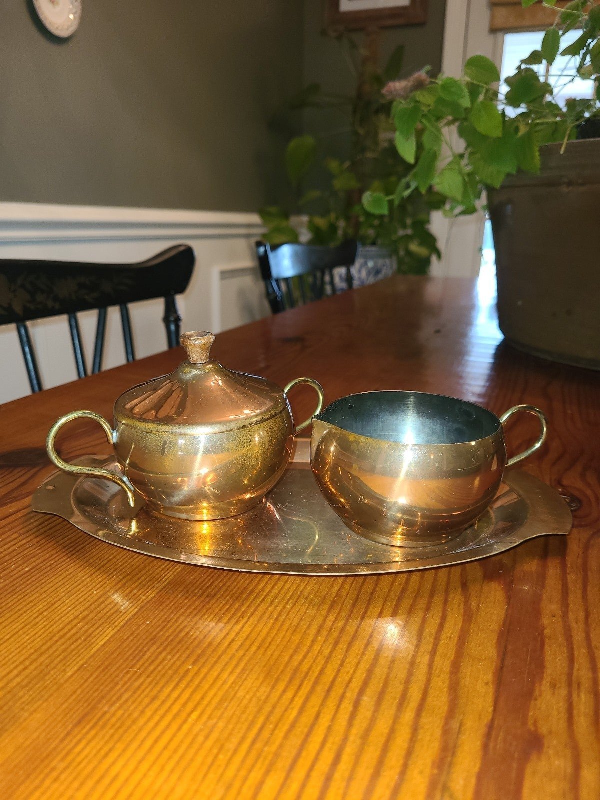 Vintage Old Dutch copper cream and sugar serving set on small tray