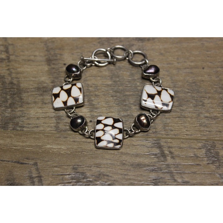 Sterling silver letter cone shell baroque black pearl adjustable toggle bracelet