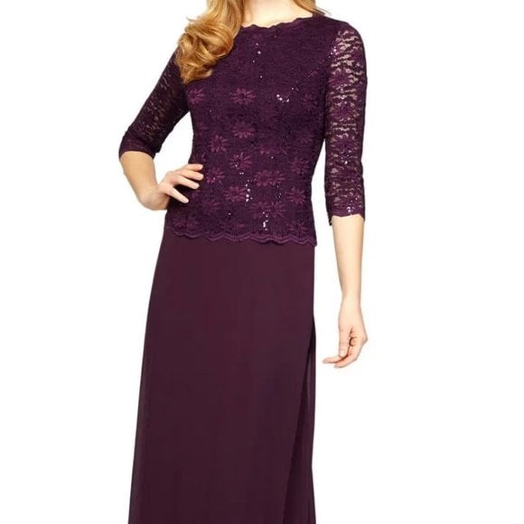 Alex Evenings Plum Sparkle Mock Two Piece Sequin Lace & Chiffon G…