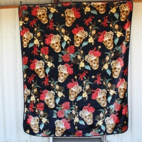 SUGAR SKULL SKULLS ROSES DAY OF THE DEAD LOS MUERTOS QUEEN SIZE BLANKET