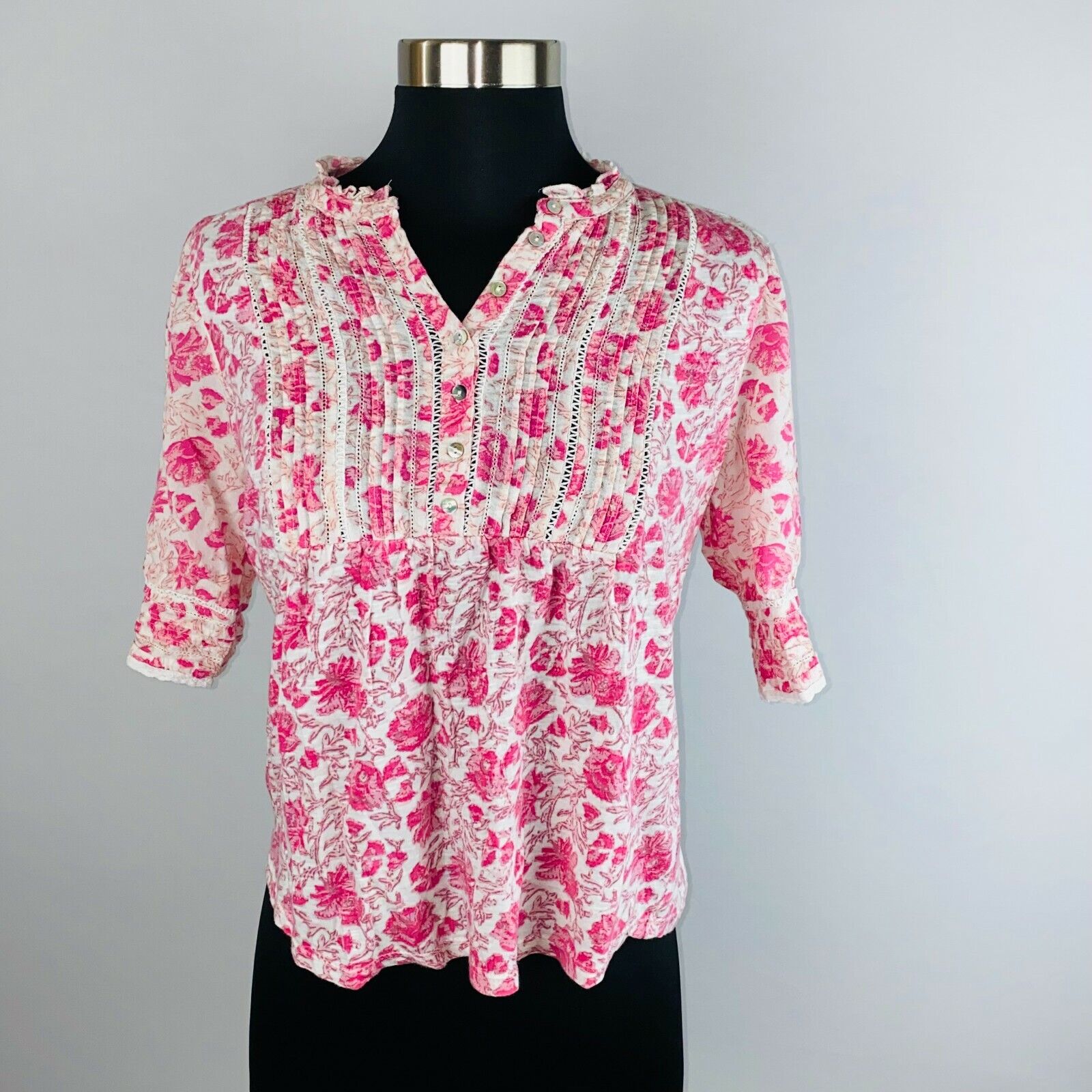 Lucky Womens XS Pink White Pintuck Pleat Floral Print Popover Top Lace Trim