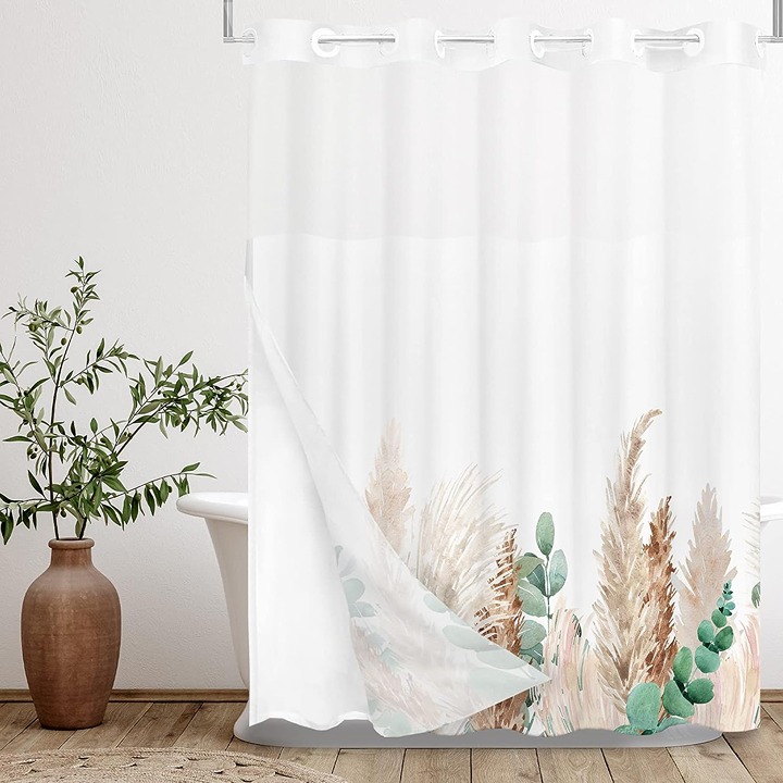 Snap-In Lined Dry Brown Pampas Grassland Bohemian Leaf Shower Curtain Set-has33