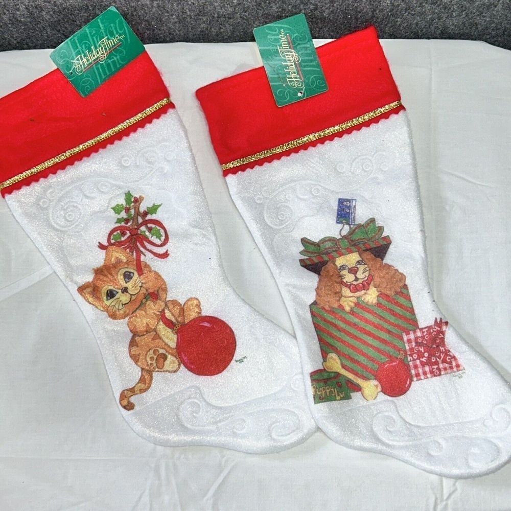 Vtg Set Of 2 Rauch Felt Embossed Christmas Stocking Orange Tabby Puppy NOS 1997