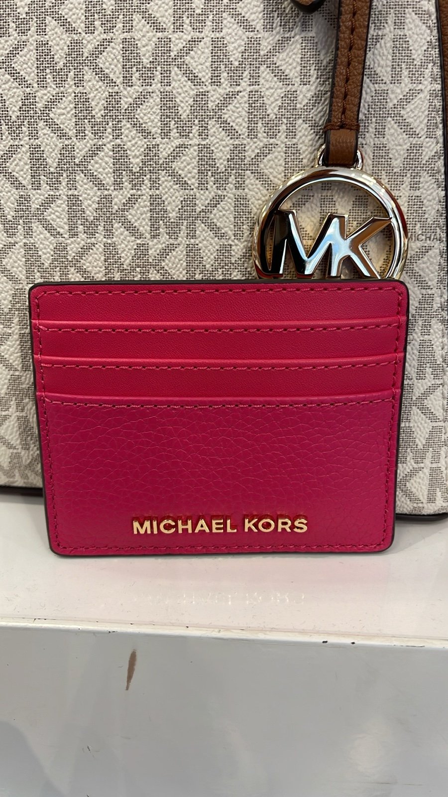 MICHAEL KORS Large Pebbled Leather Card Holder Case Electric Pink NWT