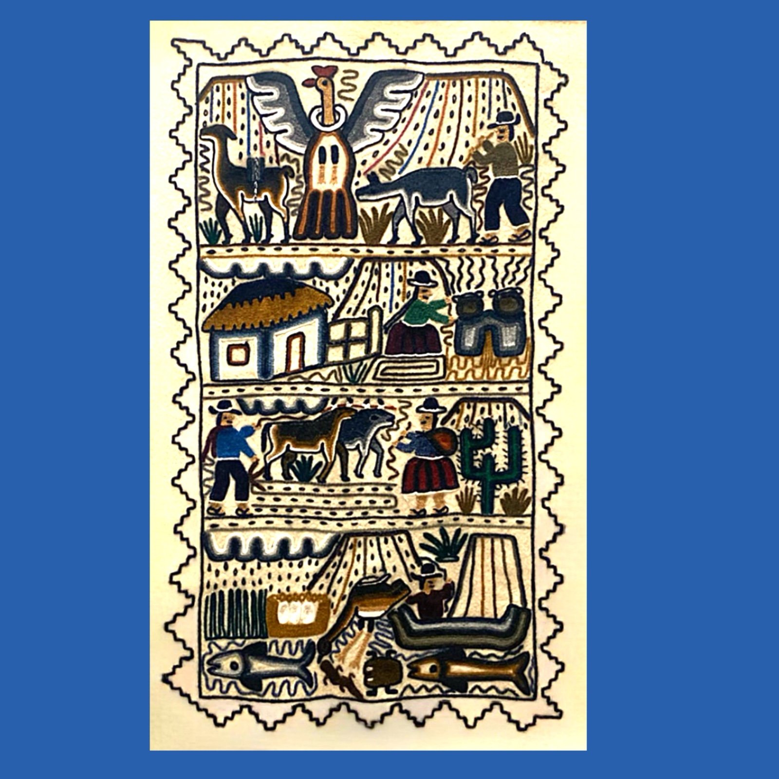 Alpaca llama Wool Peruvian S America Tapestry Embroidery Folk Art Wall Hanging