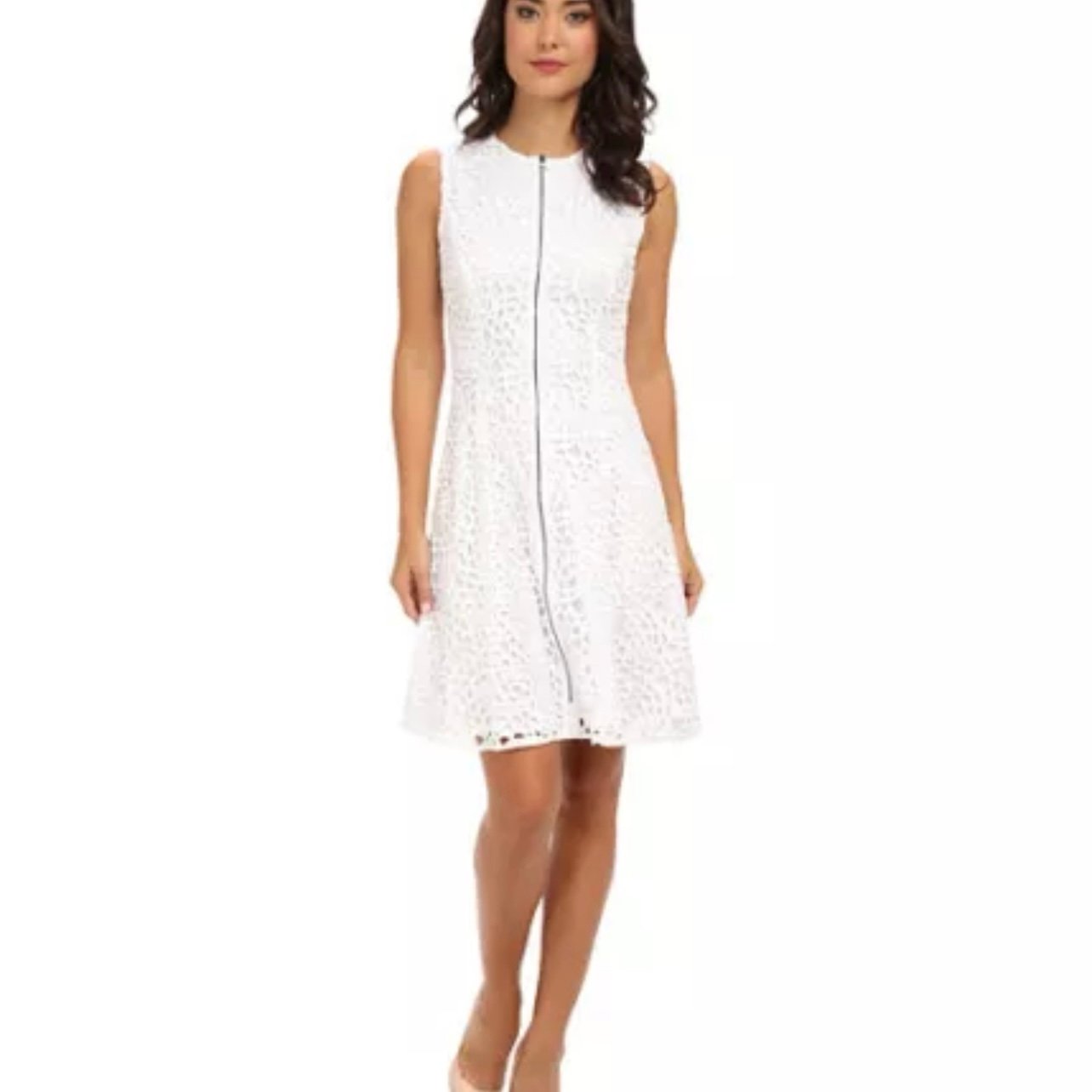 Tahari White Carrera Lace Dress ZipFront Embroidered A-Line Fit & Flare Dress