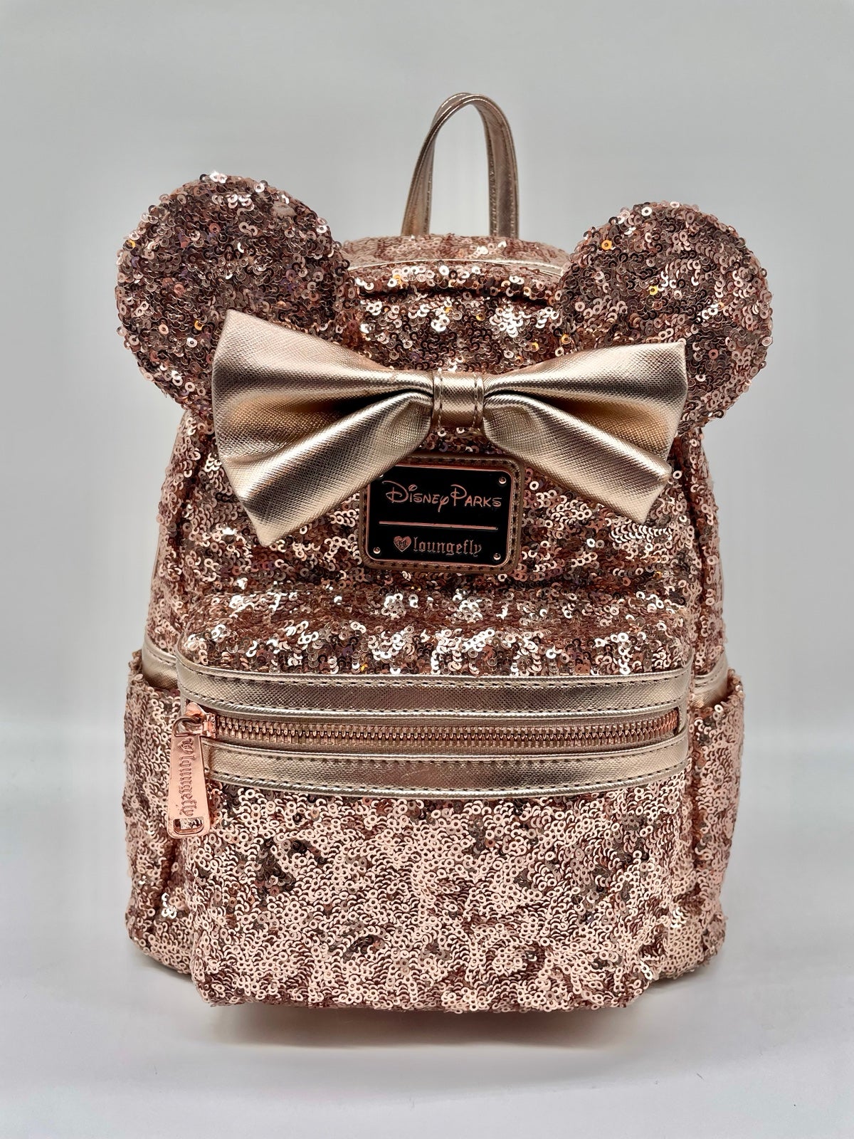 Disney Parks OG Loungefly Minnie Sequin Rose Gold Backpack Heart Logo