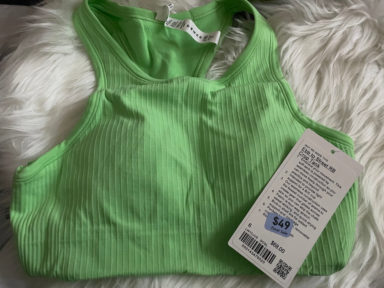 NWT Lululemon Ebb to Street Cropped Racerback Tank Top Scream Green size 6