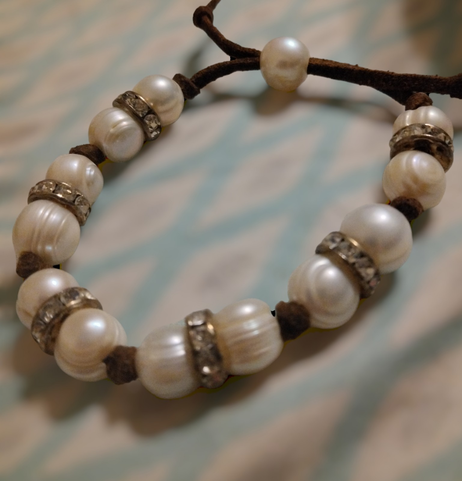 Hand knotted freshwater baroque pearl rhinestone spacers bracelet adjustable