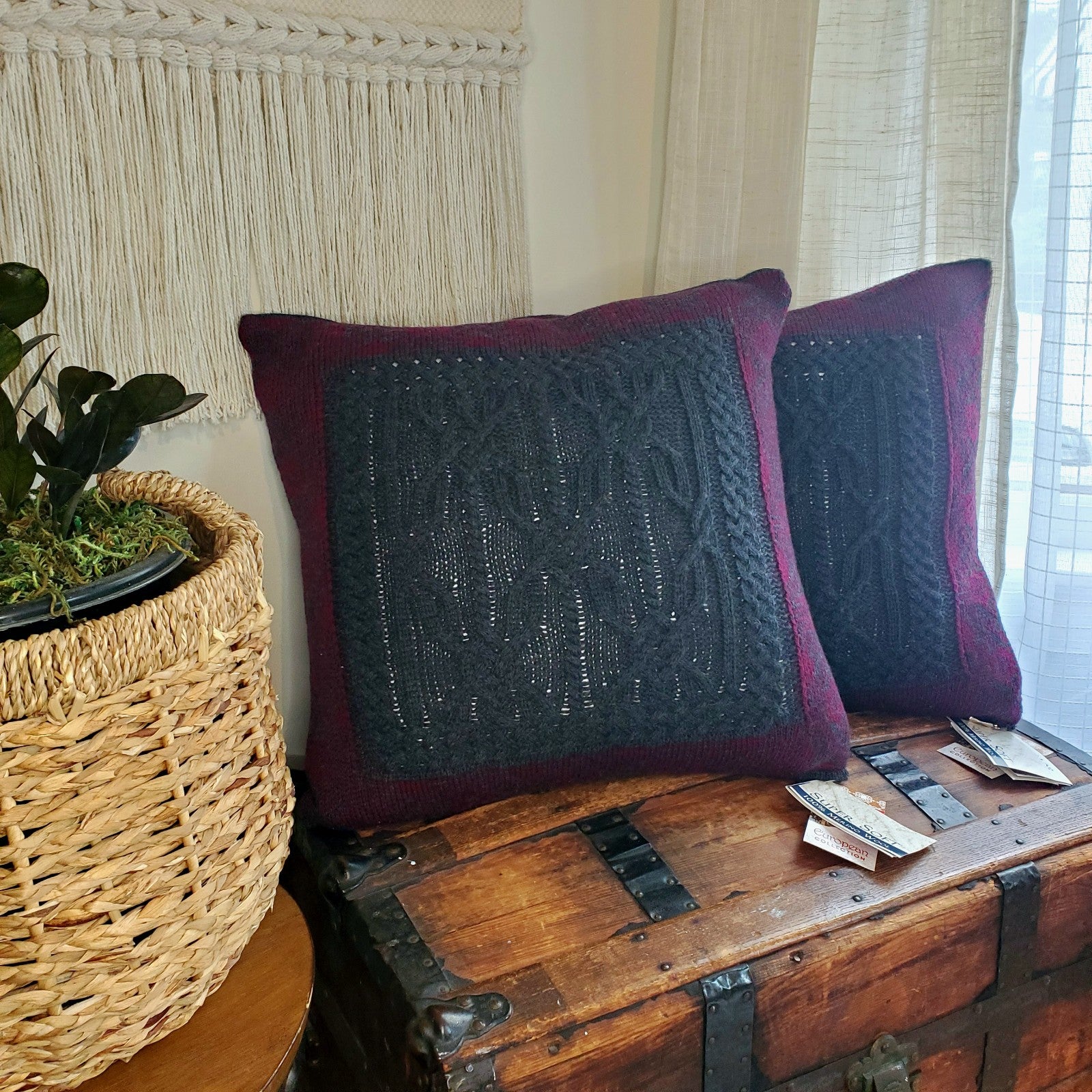 2 Pc ARAN MOR Ireland Decorative Throw Pillow 100% Merino Wool Charcoal Burgundy