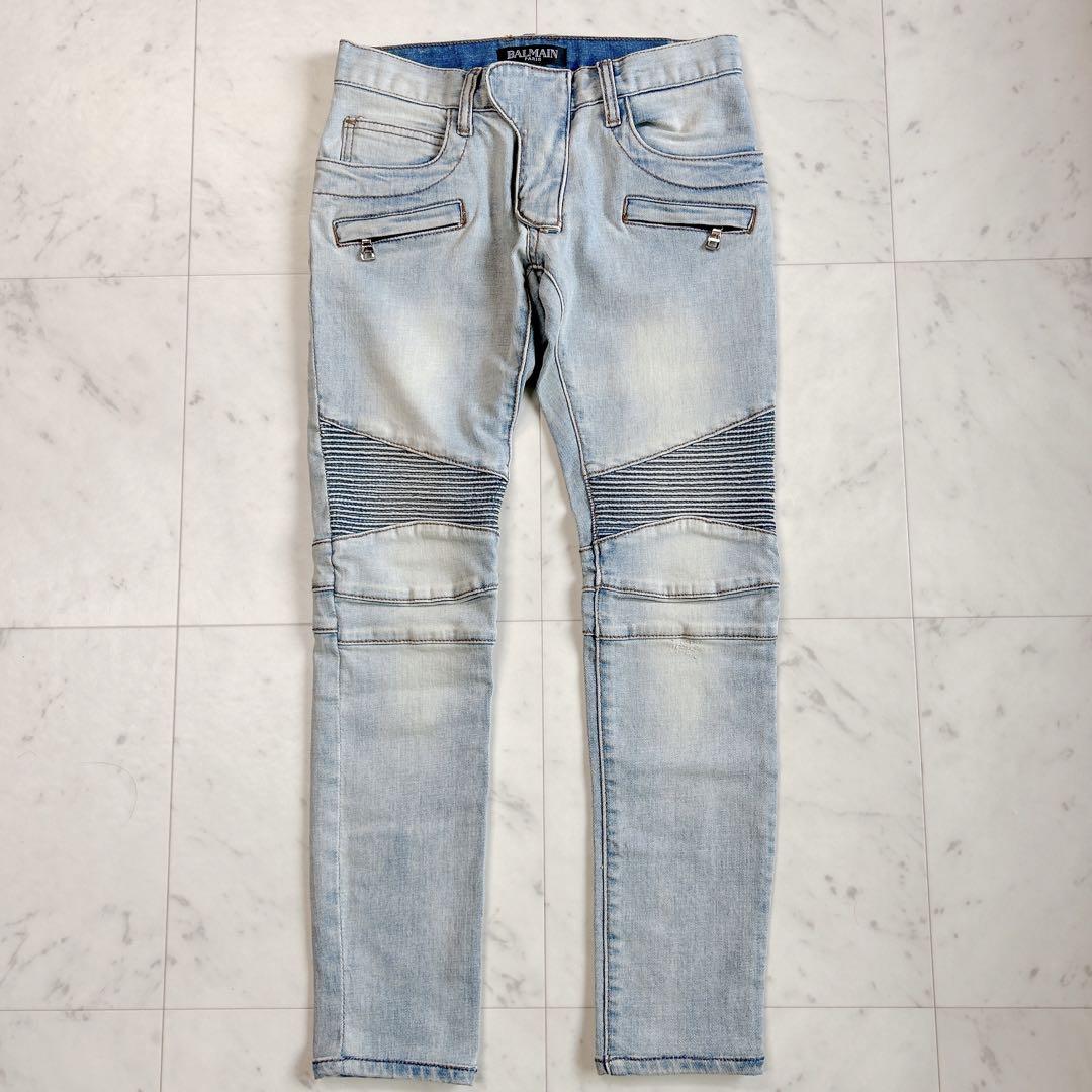 BALMAIN biker denim pants, accordion pleats, distressed, size 26.