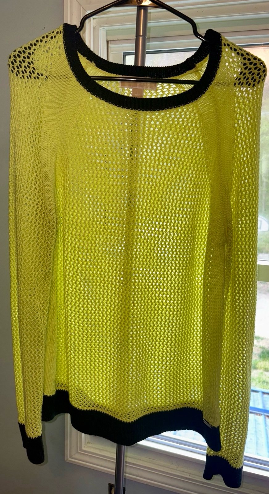 MICHAEL KORS WOMENS Color Block Two Tone Mesh Long Sleeve Sweater Yellow Large
