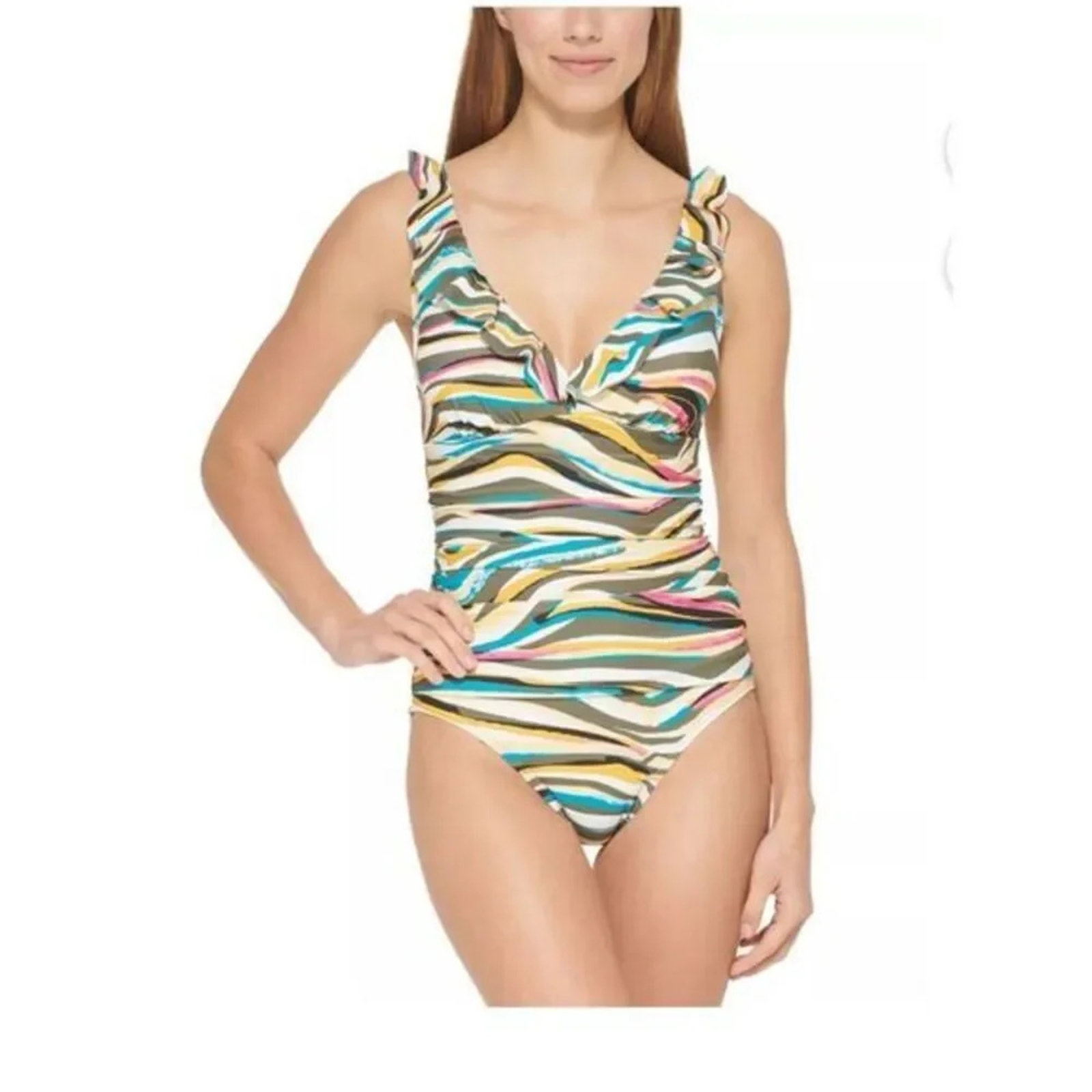DKNY MULTI‎ Printed Ruffled Tummy-Control One-Piece Swimsuit, US 6. NWT. …
