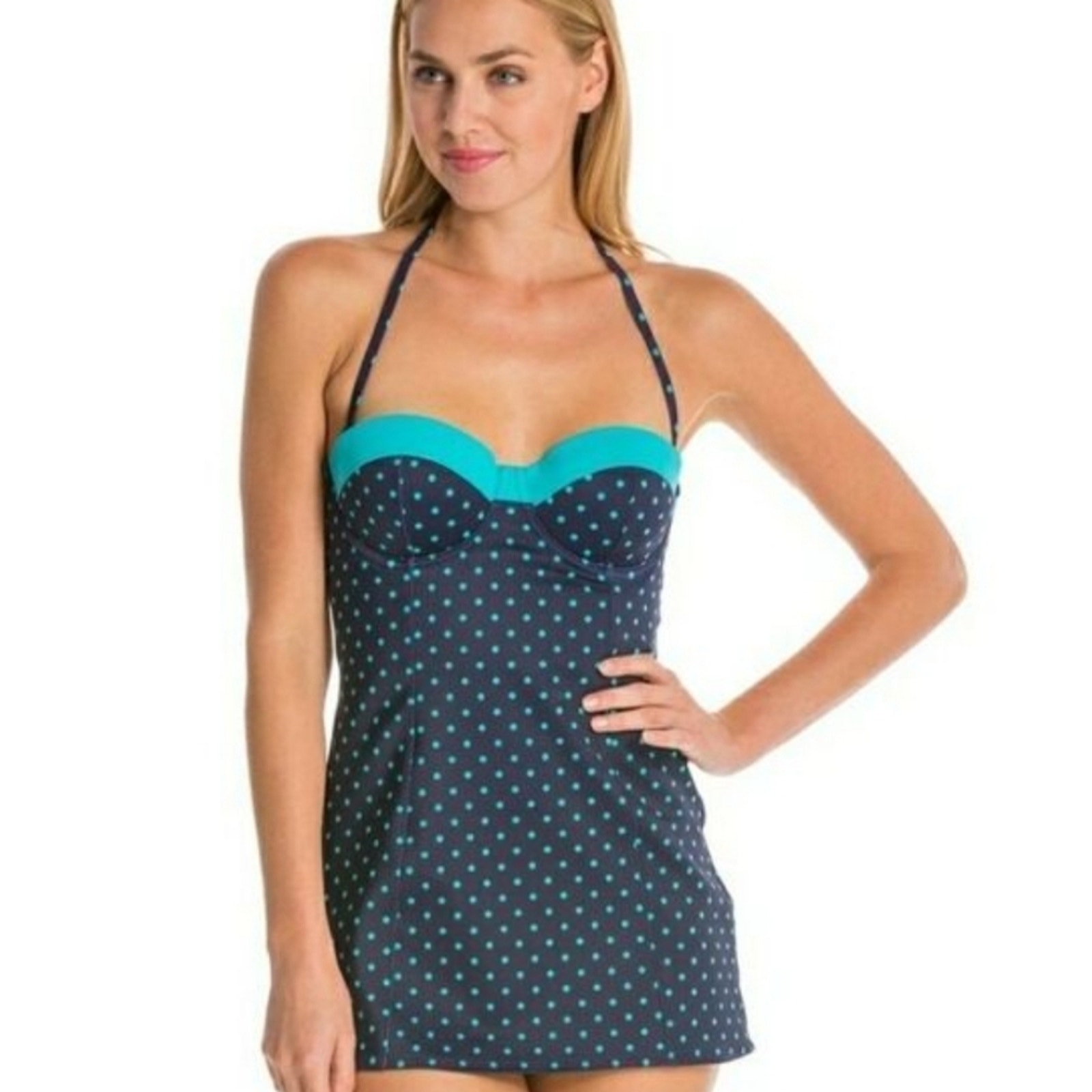 NWT Spanx Navy Splash Polka Dot Retro Dresskini Swim Top