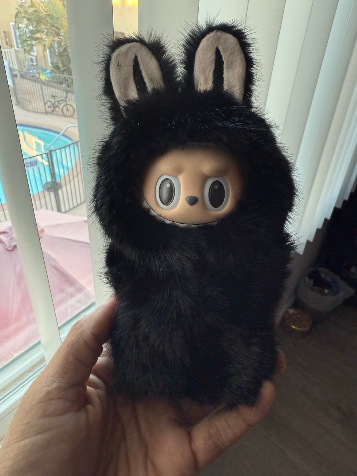 Authentic Sesame macaron Labubu in black bat zimomo outfit