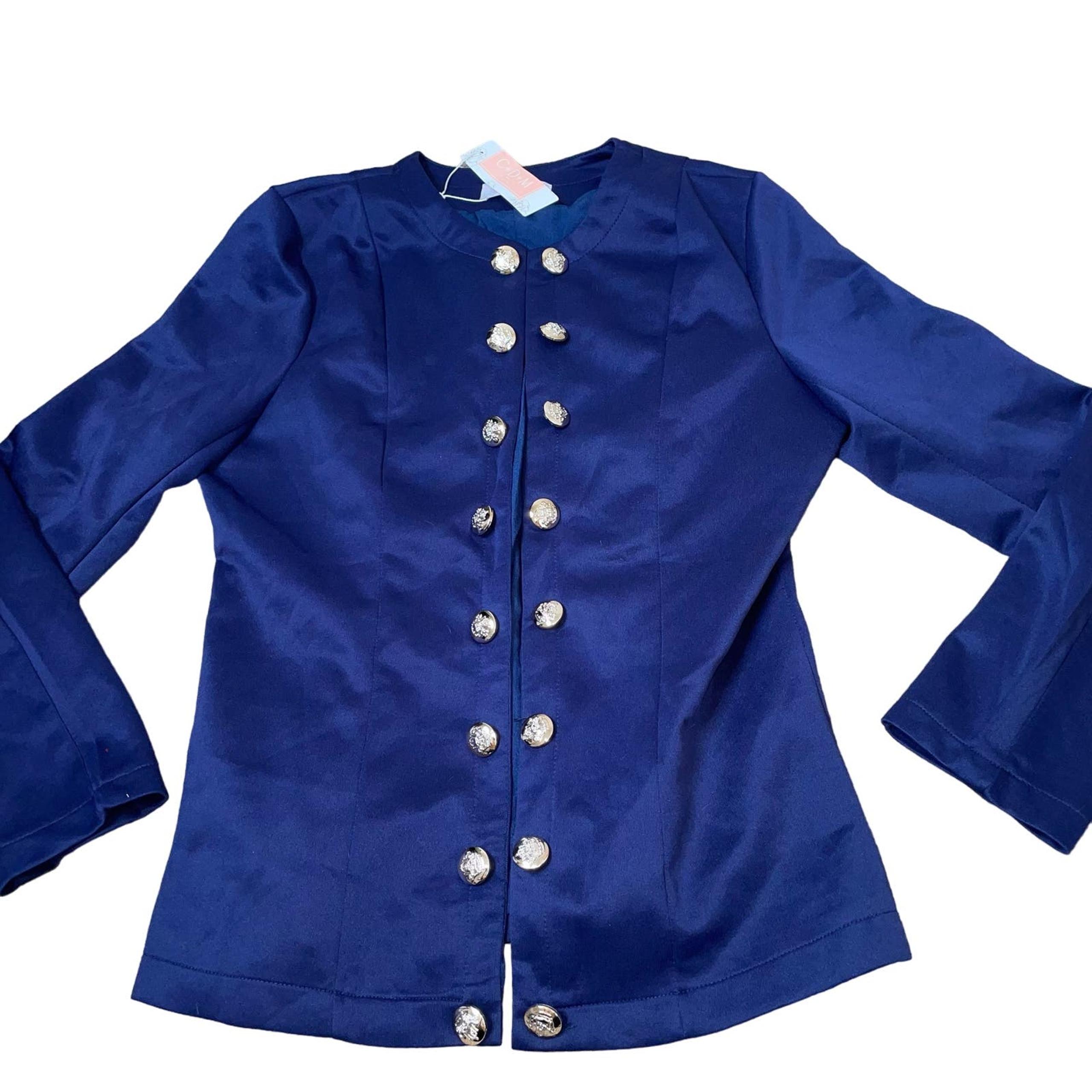 C+D+M Boutique blazer jacket gold buttons NEW Navy blue open front SZ SM