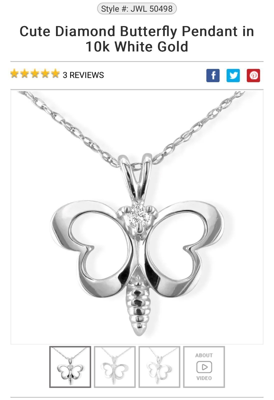 Butterfly Diamond Pendant on a 10k White Gold Chain
