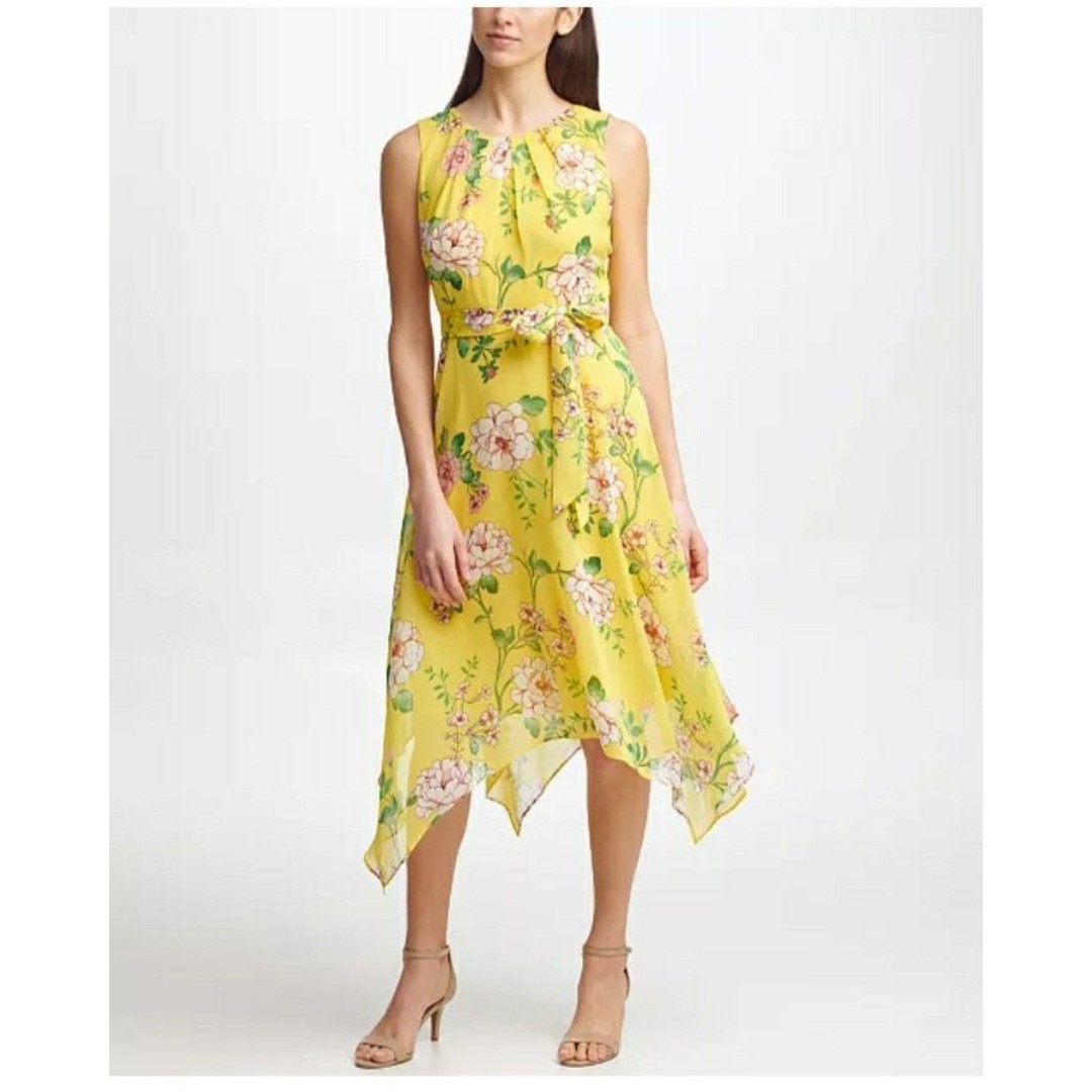 Jessica Howard Size 20W Yellow Floral Handkerchief Hem Dress Sleeveless Midi B50