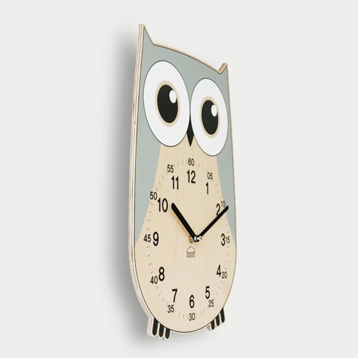 Kids Wall Clock - Silent Nursery Wall Clock - Baby Room Wooden Clock - Grey Owl