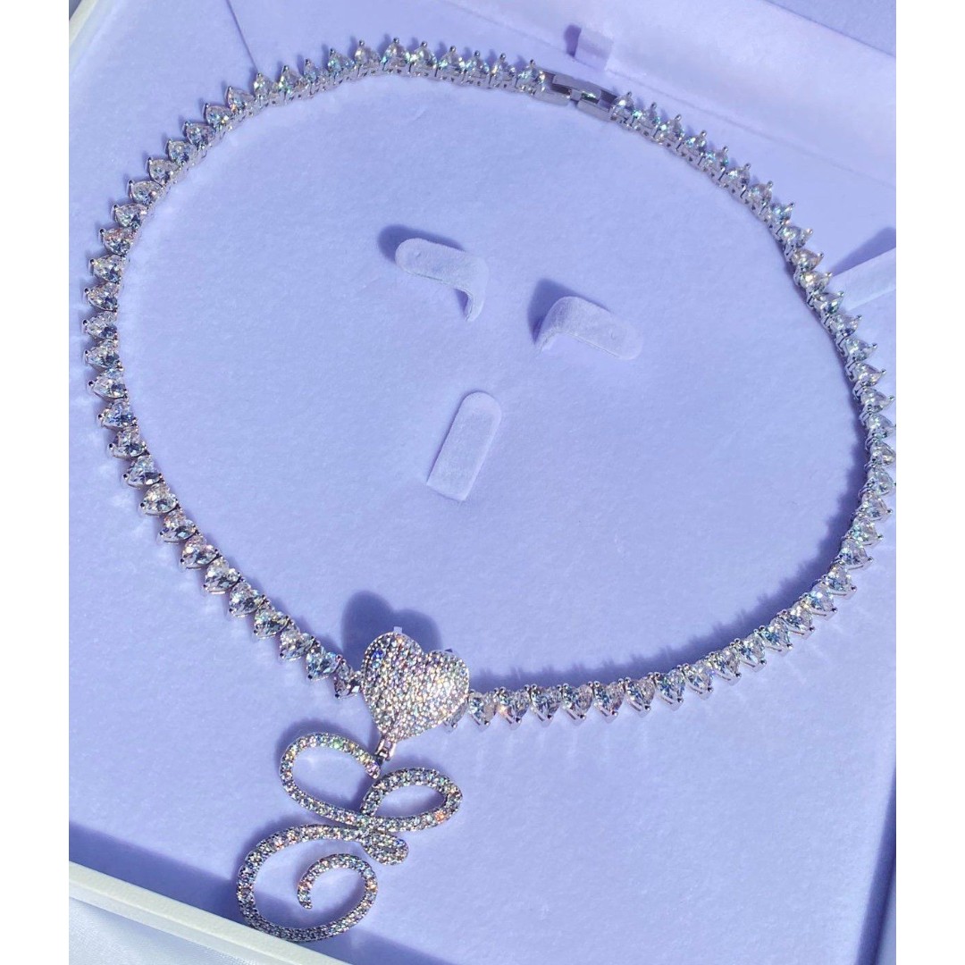 Iced Out Initial Heart Tennis Chain Necklace 18”