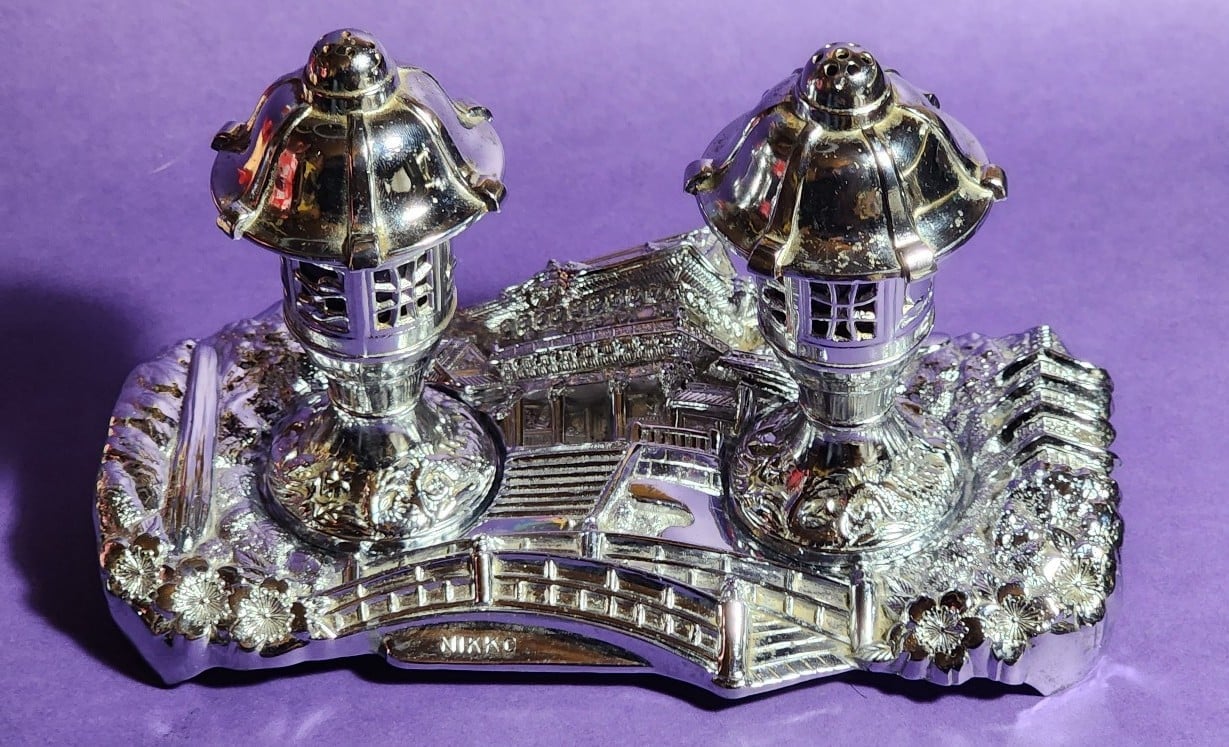 1950s Nikko Silver Salt & Pepper Shakers Cobalt Lined w/ Tray, Midcentury Modern