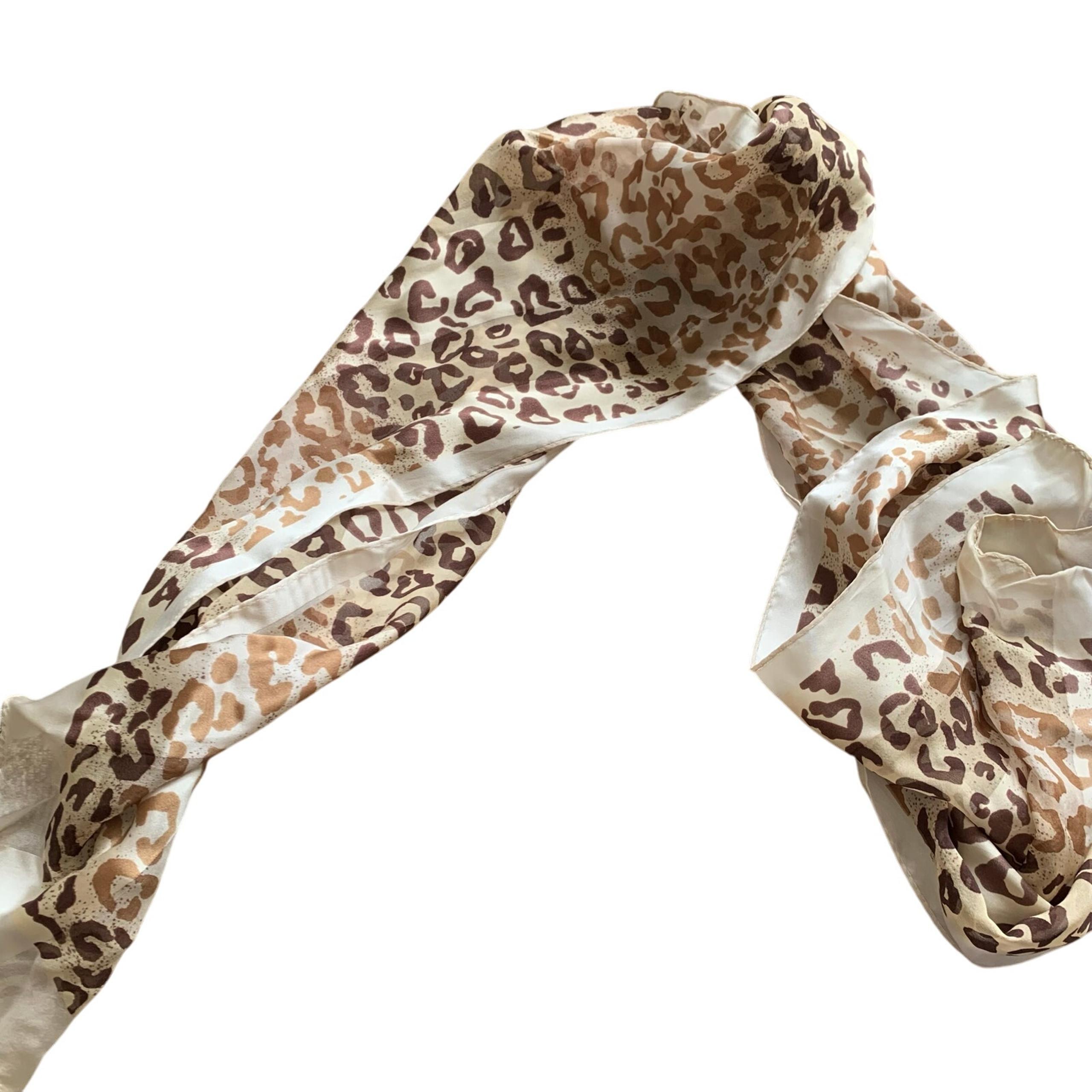 Vintage Silk Oscar De La Renta White Brown Satin Leopard Print Oblong Scarf