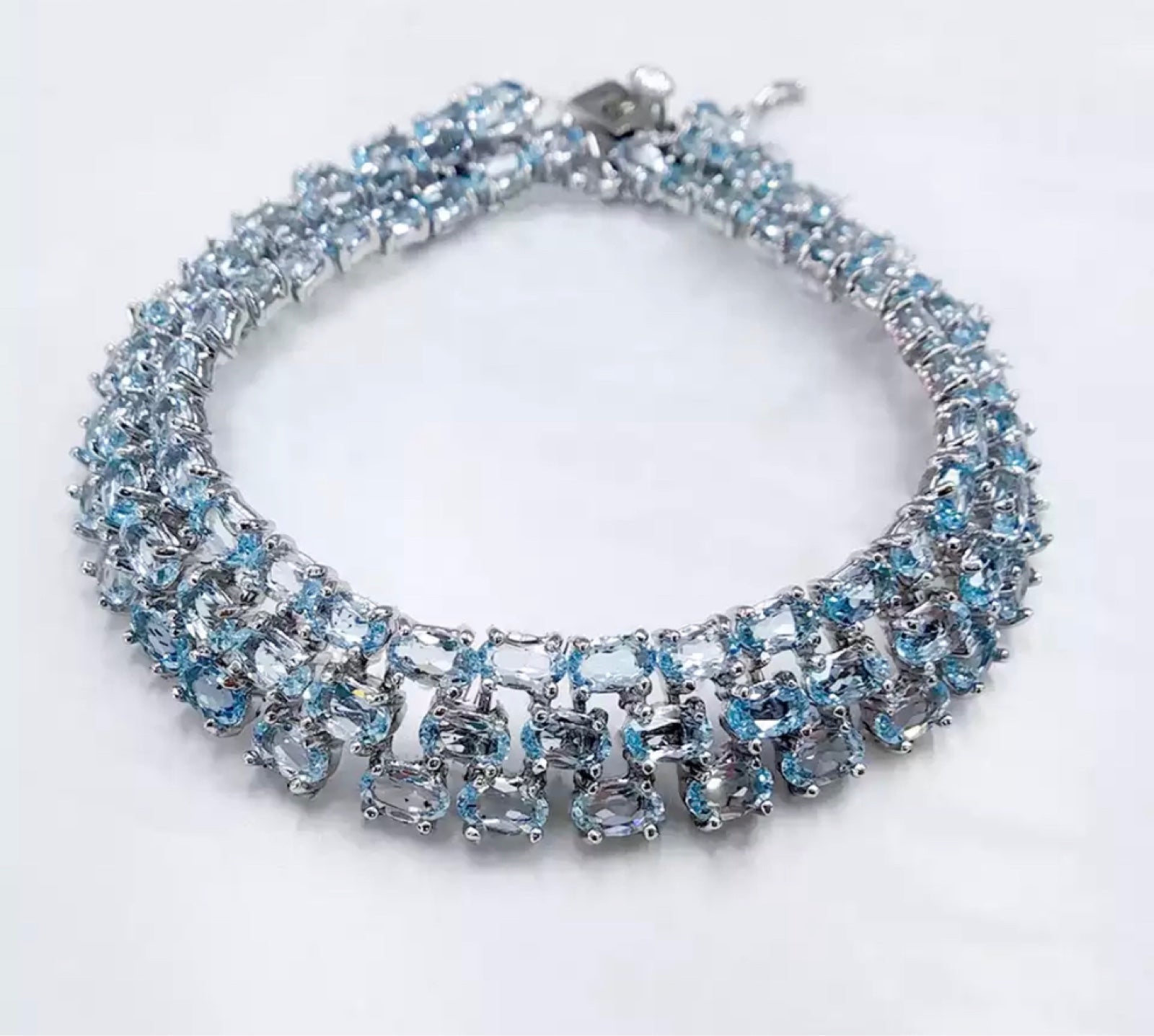 Natural Blue Topaz 3 Layer 925 Sterling Silver Bracelet
