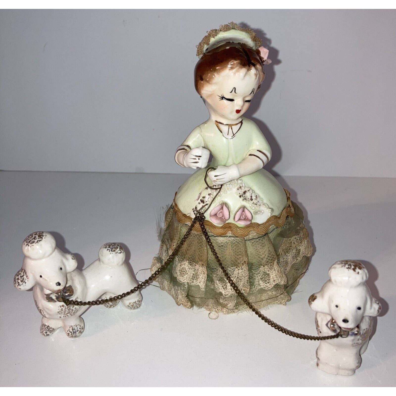 Vintage Ceramic Girl w/2 Chained Poodles Figurine Lace Dress Japan No Umbrella