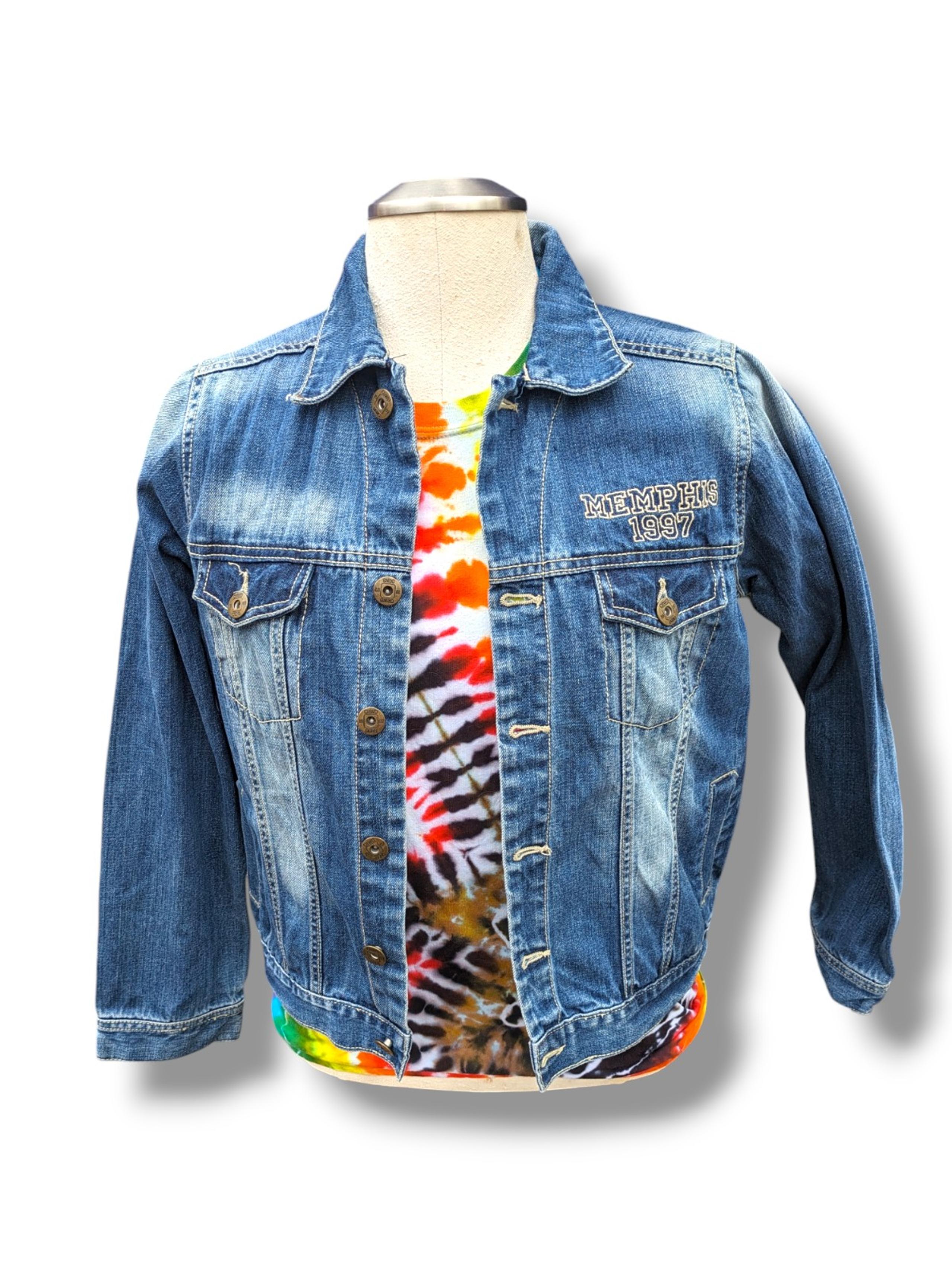90s Denim Jacket with Memphis 1997 Embroidered on the front . Size Med