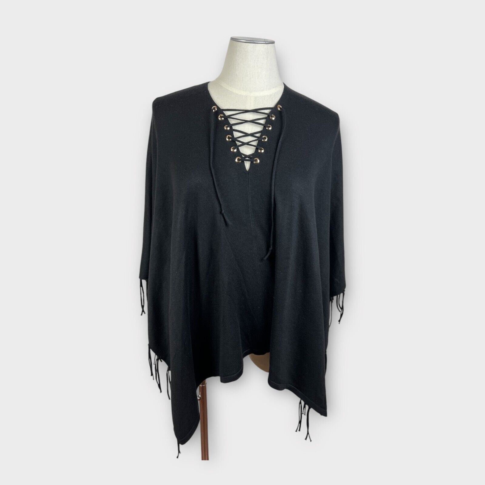 Chico's Black Poncho Fringed Sweater Lace Tie V Neck One Size Boho Western