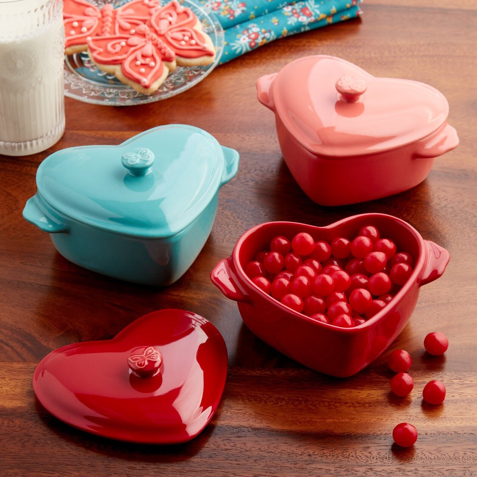 Pioneer Woman Mini Heart Baking Dish W Lid Casserole Cocotte Set Ceramic Multi