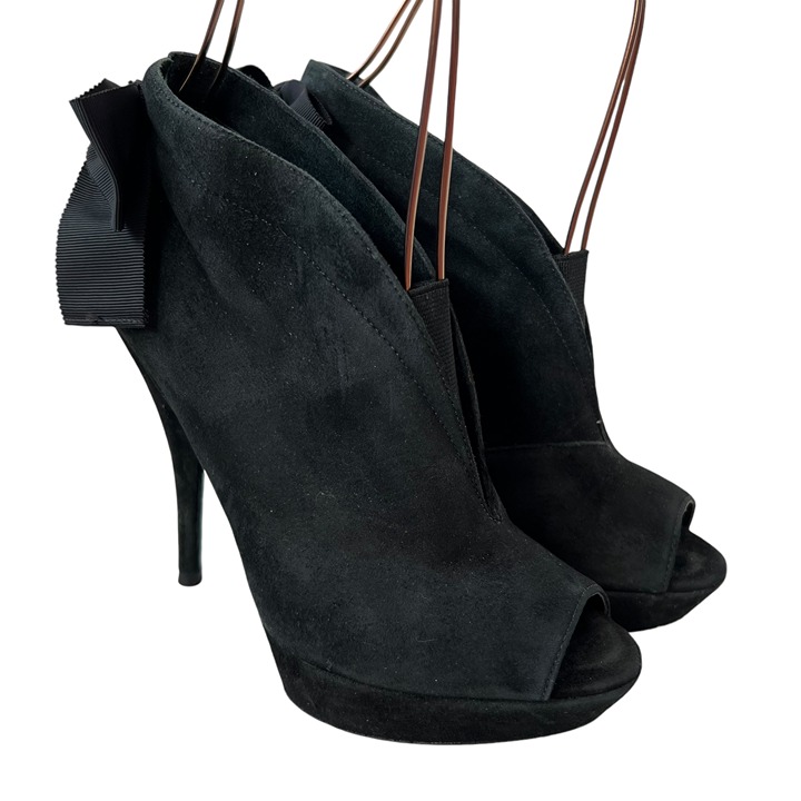 Vera Wang high heel booties 6.5 Royce black suede peep toe bow platform pump