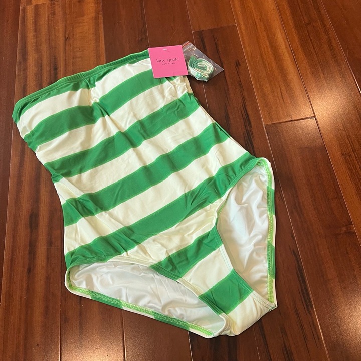 New NWT Kate Spade Swimsuit Pesto Green White Stripe One-Piece Straps Size Small