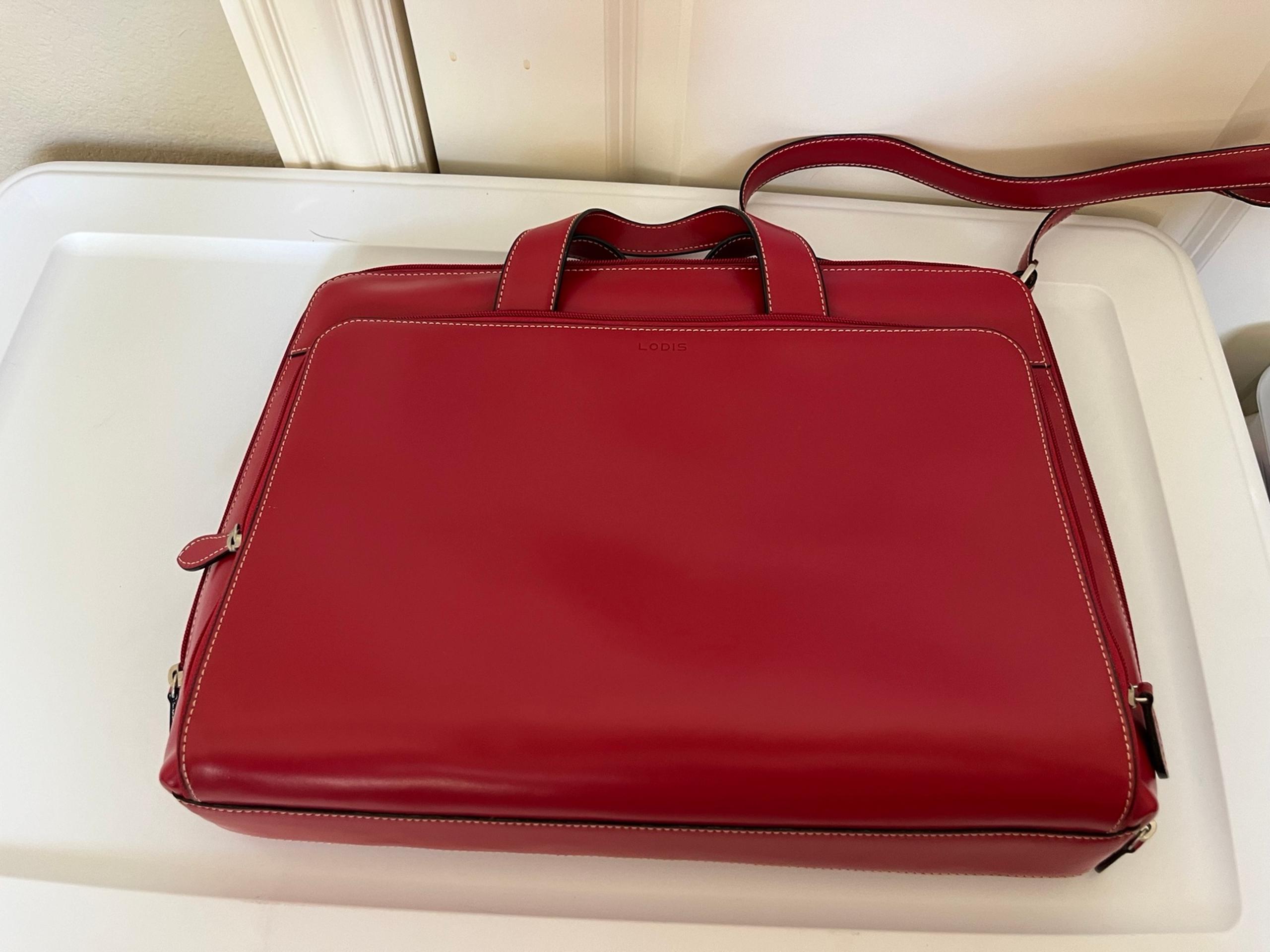 Lodis red smooth leather laptop briefcase shoulder crossbody bag convertible