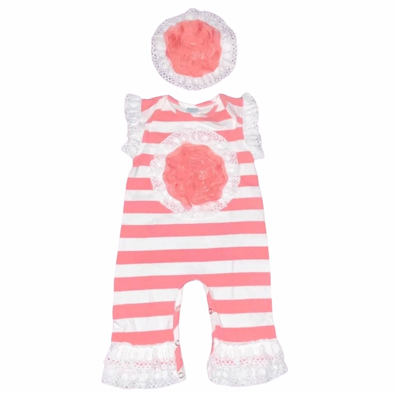 12m Peaches n Cream Boutique Baby Girls Pink & White Romper Outfit Headband Set