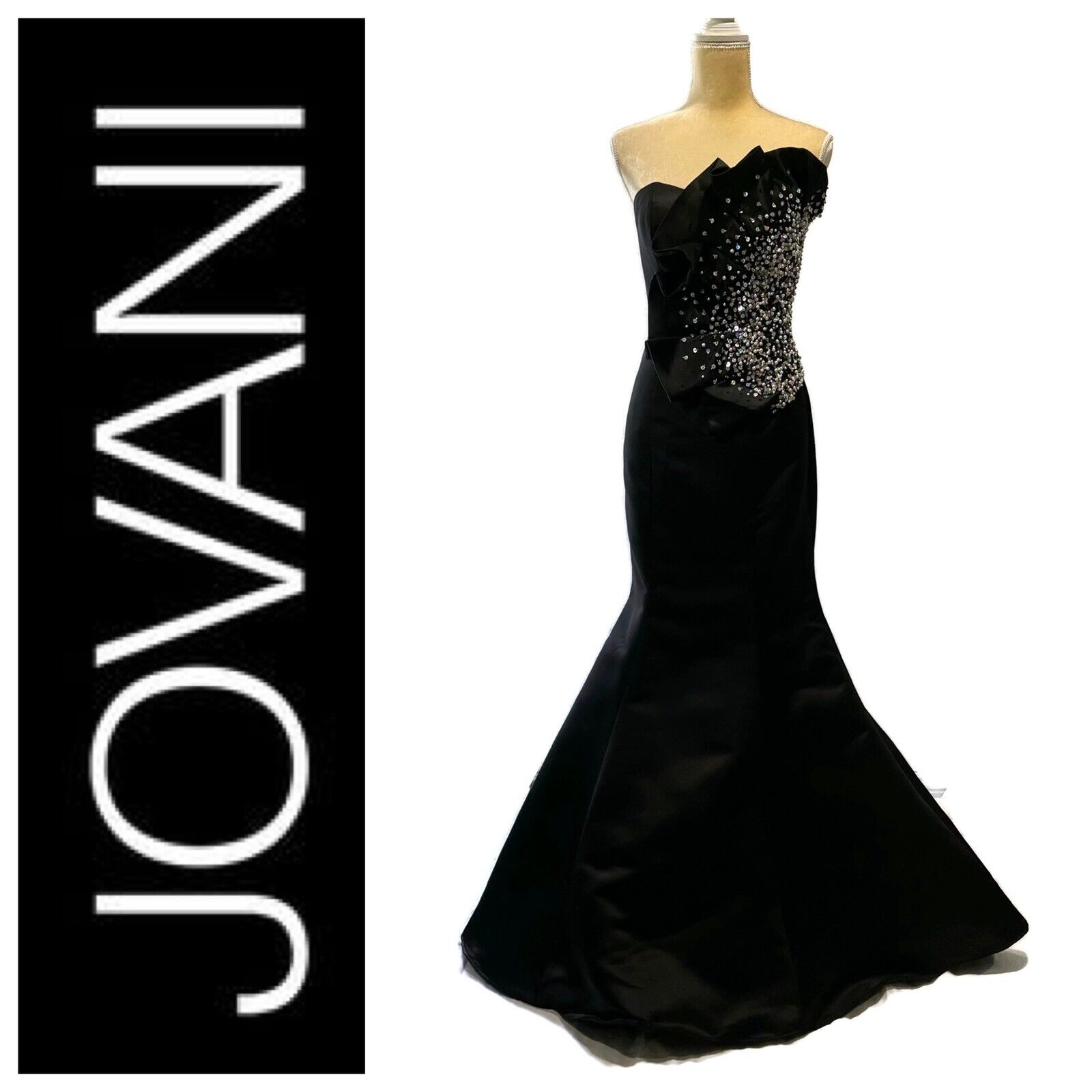 Jovani Beaded Strapless Mermaid Gown Evening Dress Sz 4 Satin Black Prom/Wedding