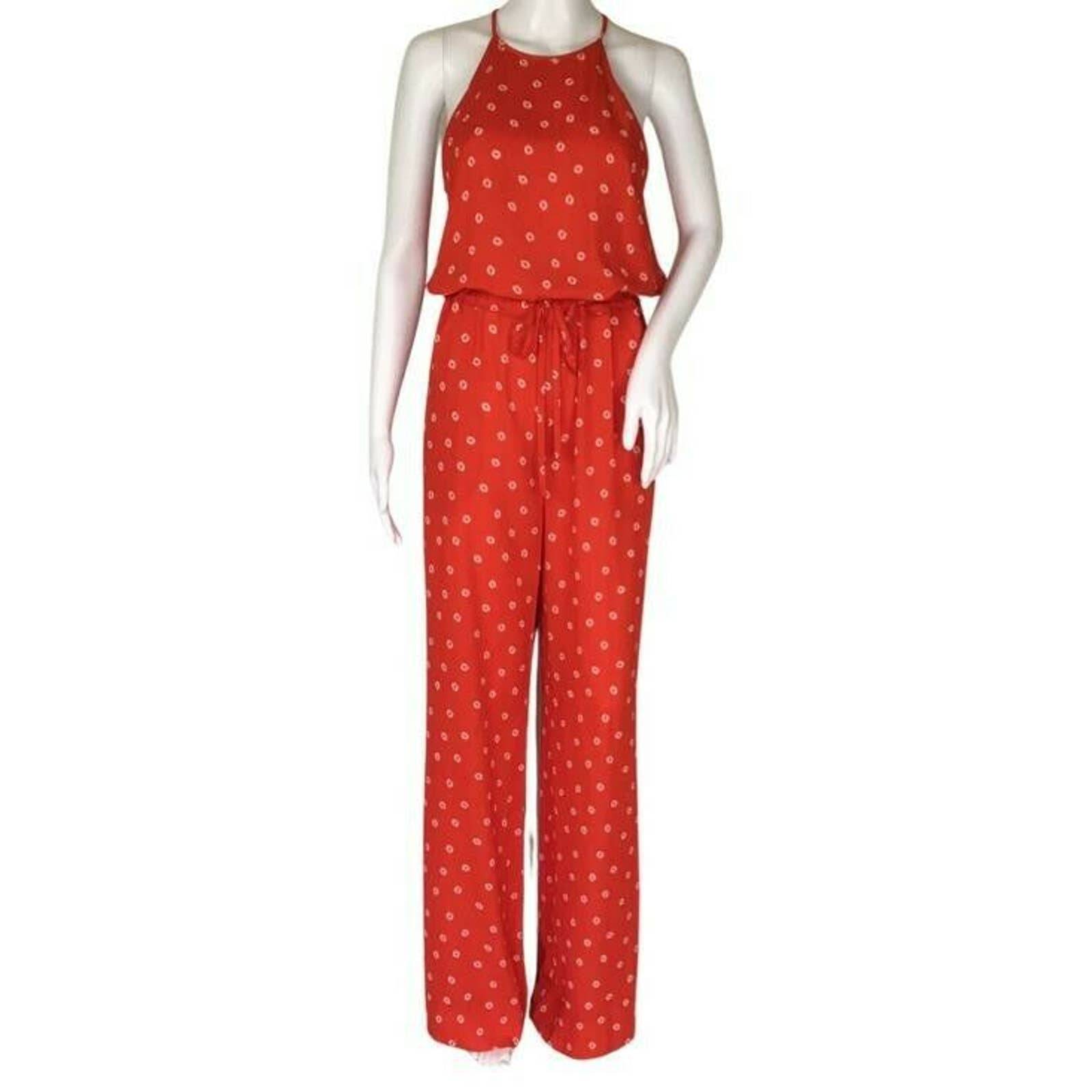 Diane Von Furstenberg Davin Red & White Halter Neck Allover Jumpsuit Sz 6 LO