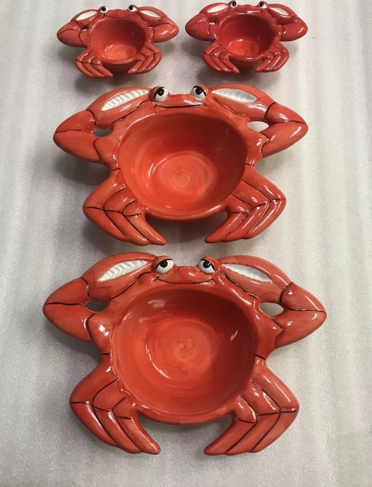 Set of 2 Red Ceramic Crab Bowl 9 & 2 Crab Butter Dish 5” Nautical Beach Theme